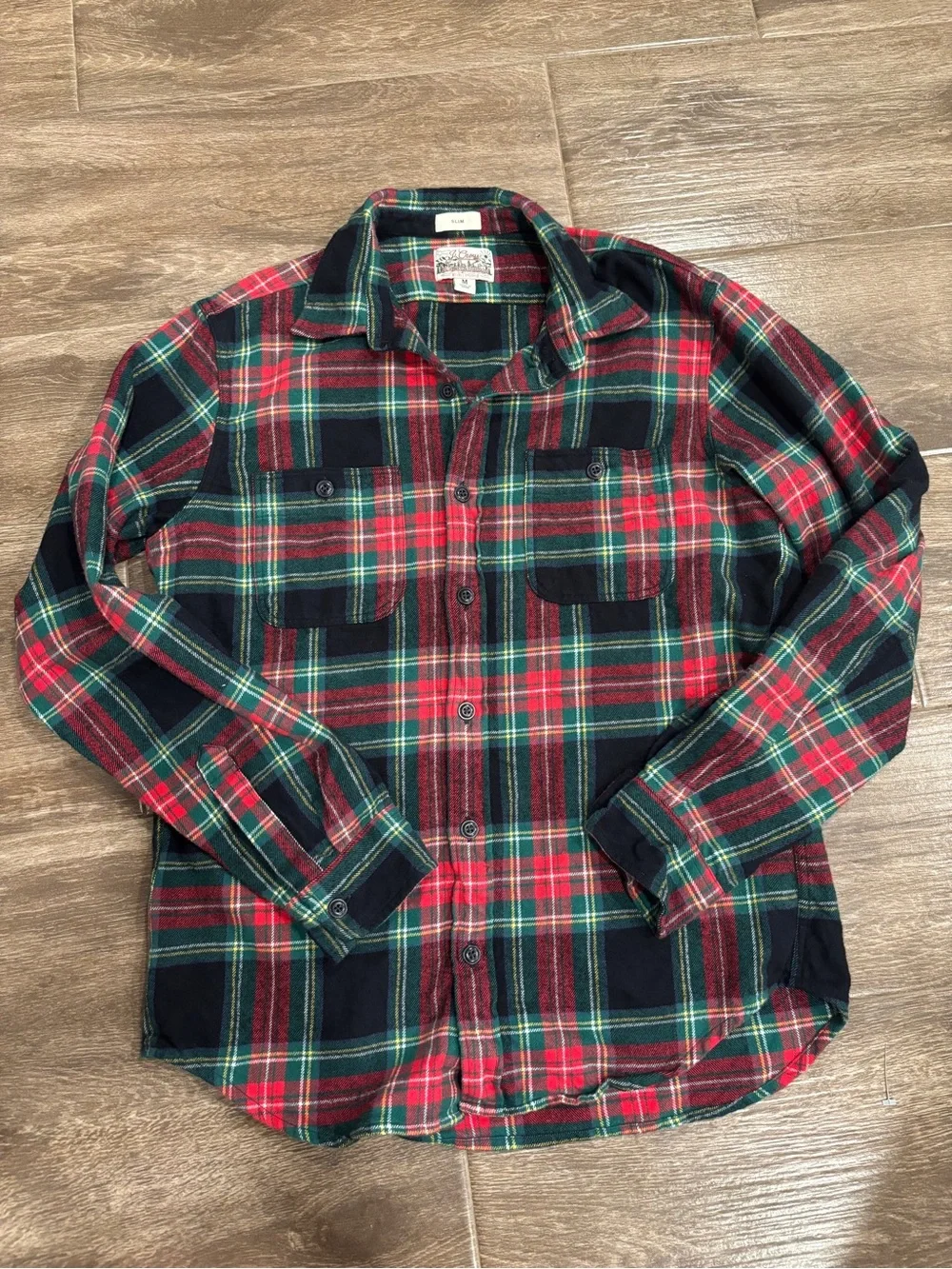Men's J Crew Sz M Red & Green Plaid Flannel Shirt Slim Fit Double BrushedCotton